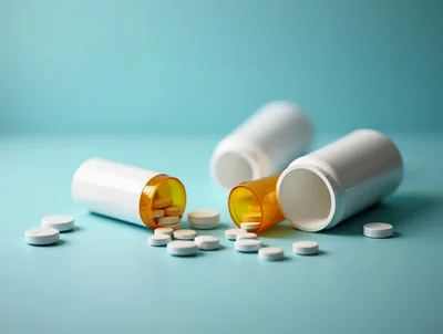 Pill Bottles Spilled on a Blue Surface