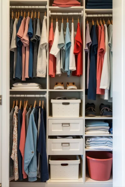 Organized Closet With Hanging Clothes And Storage Bins