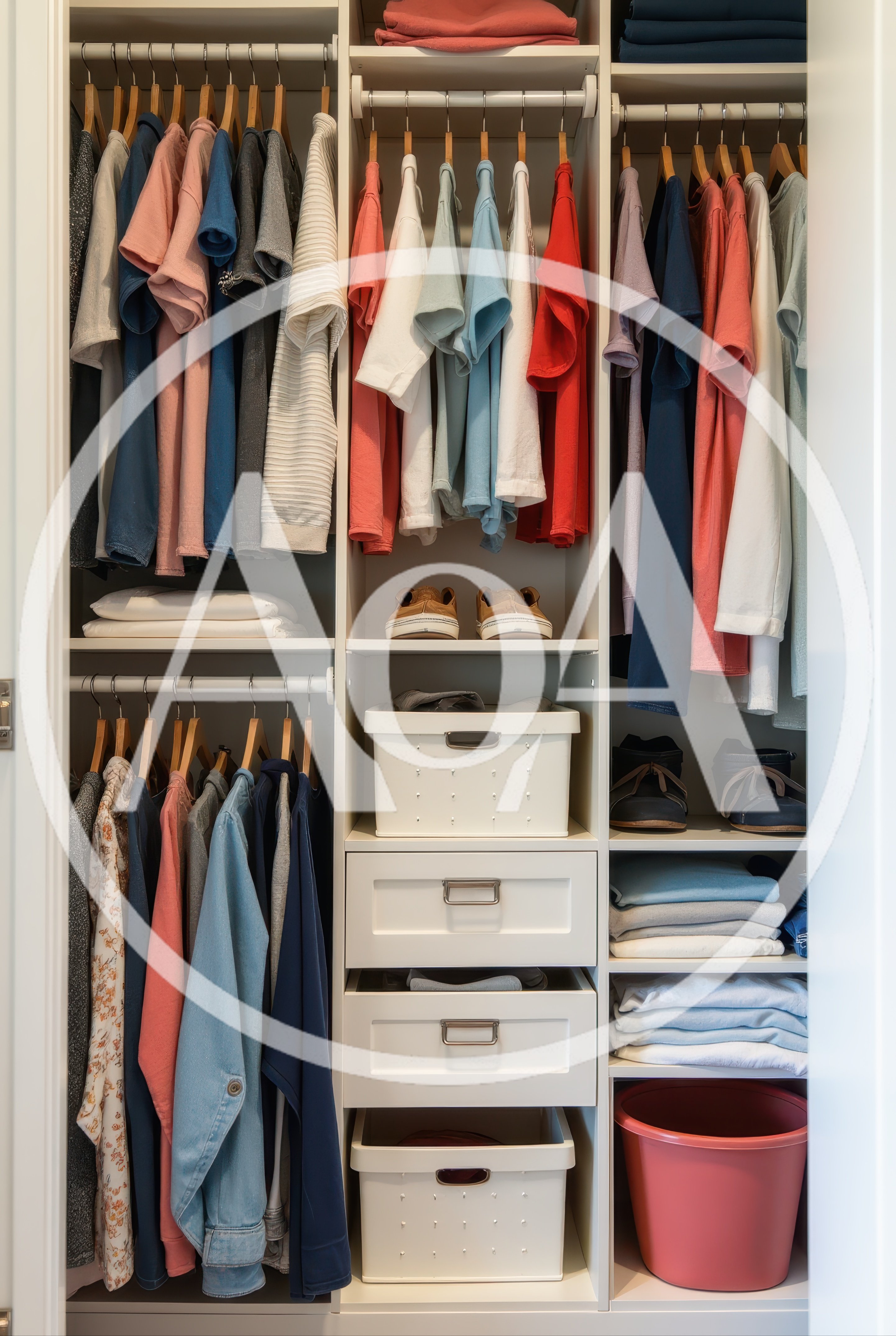 Organized Closet With Hanging Clothes And Storage Bins