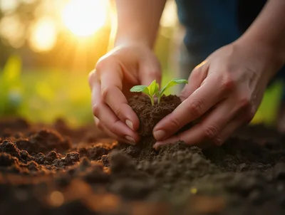 Hands Planting A Small Green Seedling In Soil