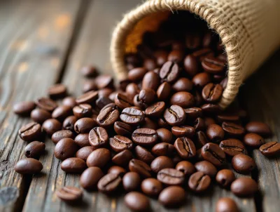 Roasted Coffee Beans Spilling From A Burlap Sack
