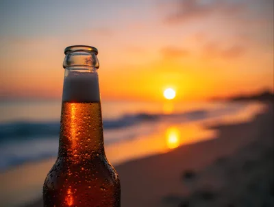 Cold Beer Bottle On A Tropical Beach At Sunset