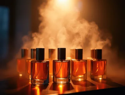 Perfume Bottles With Smoke In Warm Lighting
