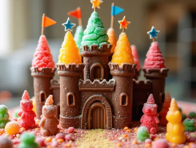Chocolate Castle Cake With Gummy Candy Decorations