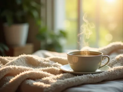 Steaming Cup Of Coffee On A Cozy Blanket