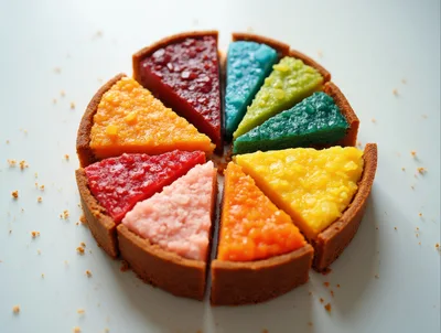 Colorful Rainbow Sliced Tart On White Background