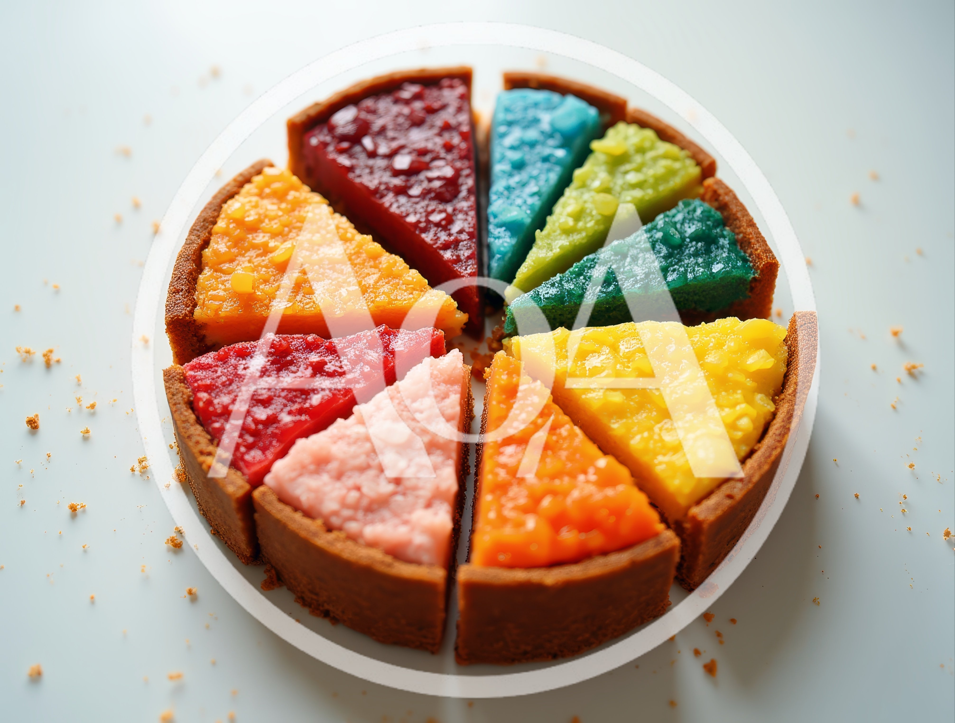 Colorful Rainbow Sliced Tart On White Background