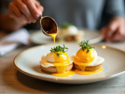 Pouring Hollandaise Sauce Over Eggs Benedict