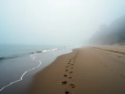 Footprints Along A Misty Secluded Beach
