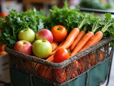 Fresh Vegetables And Fruits In A Woven Basket