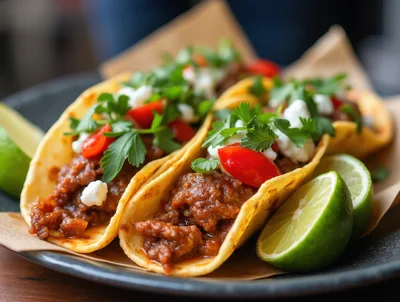 Three Gourmet Beef Tacos With Fresh Cilantro And Lime