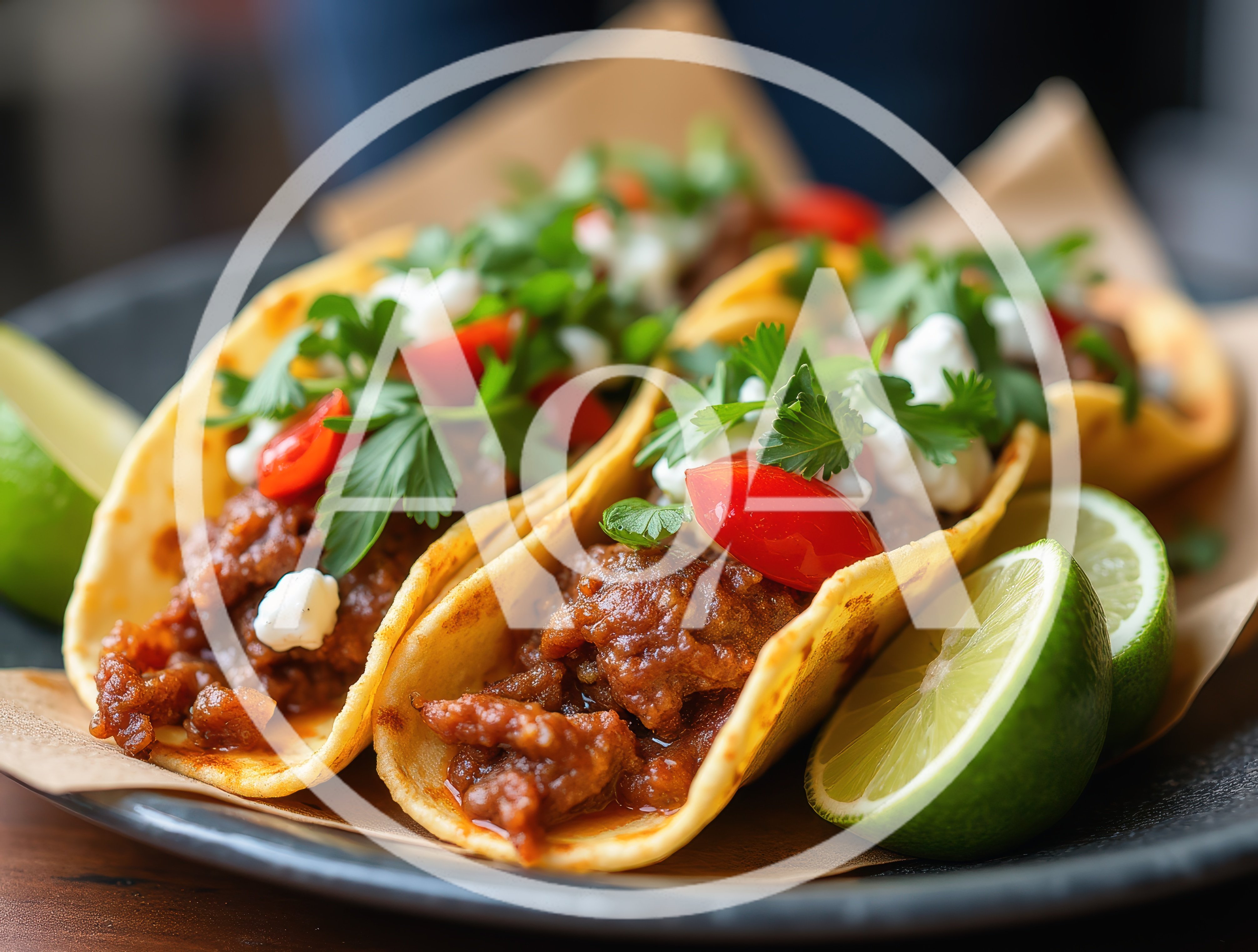 Three Gourmet Beef Tacos With Fresh Cilantro And Lime