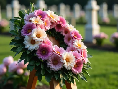 Floral Wreath On Wooden Stand In Military Cemetery