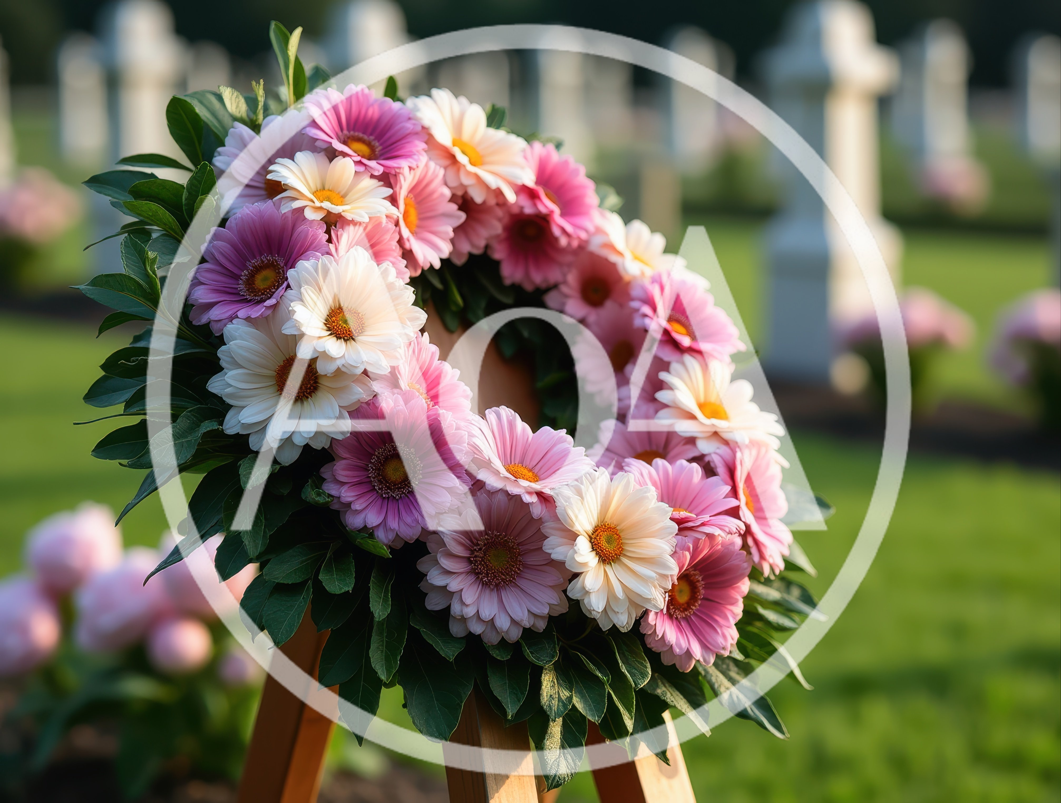 Floral Wreath On Wooden Stand In Military Cemetery
