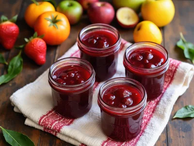 Four Glass Jars Of Homemade Cherry Jam