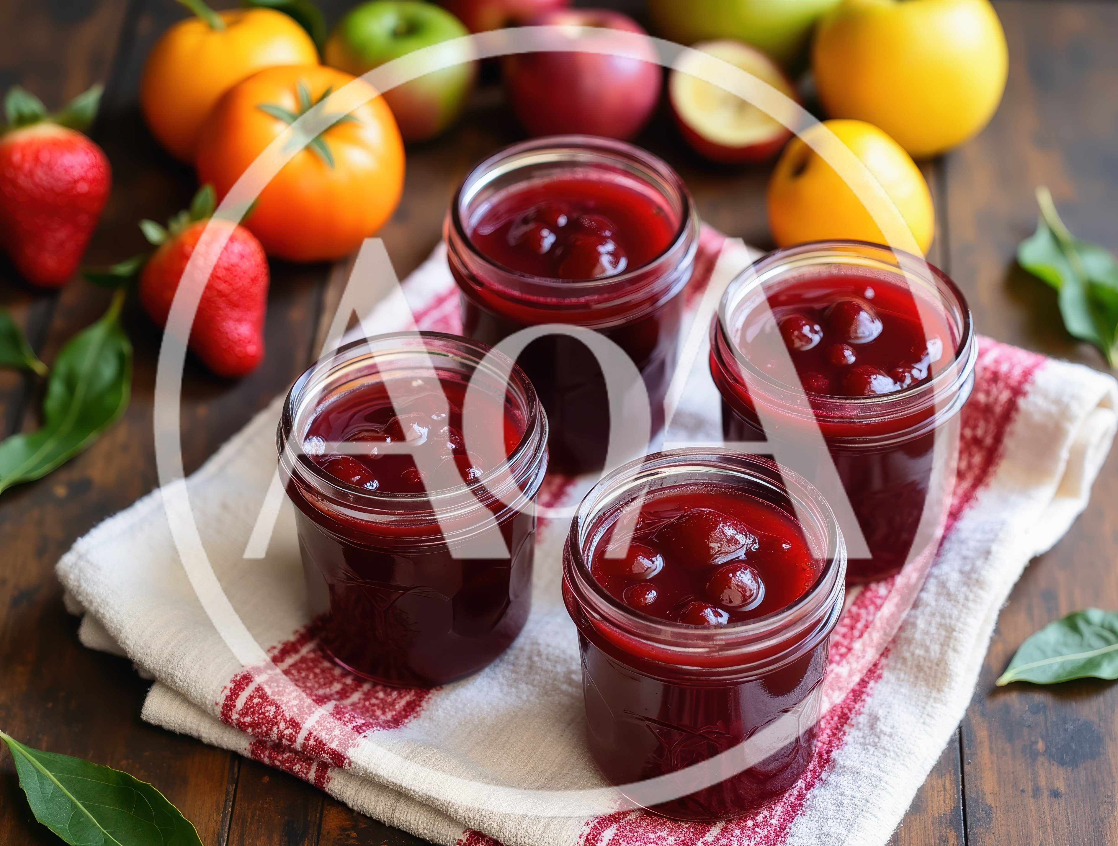 Four Glass Jars Of Homemade Cherry Jam