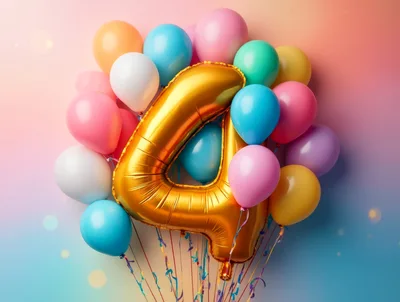 Gold Number Four Balloon With Colorful Party Balloons