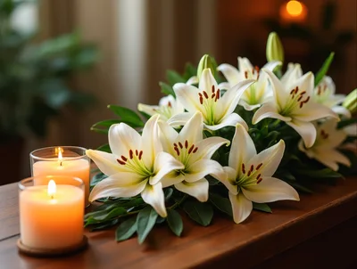 White Lily Flowers And Lit Candles On Wooden Table