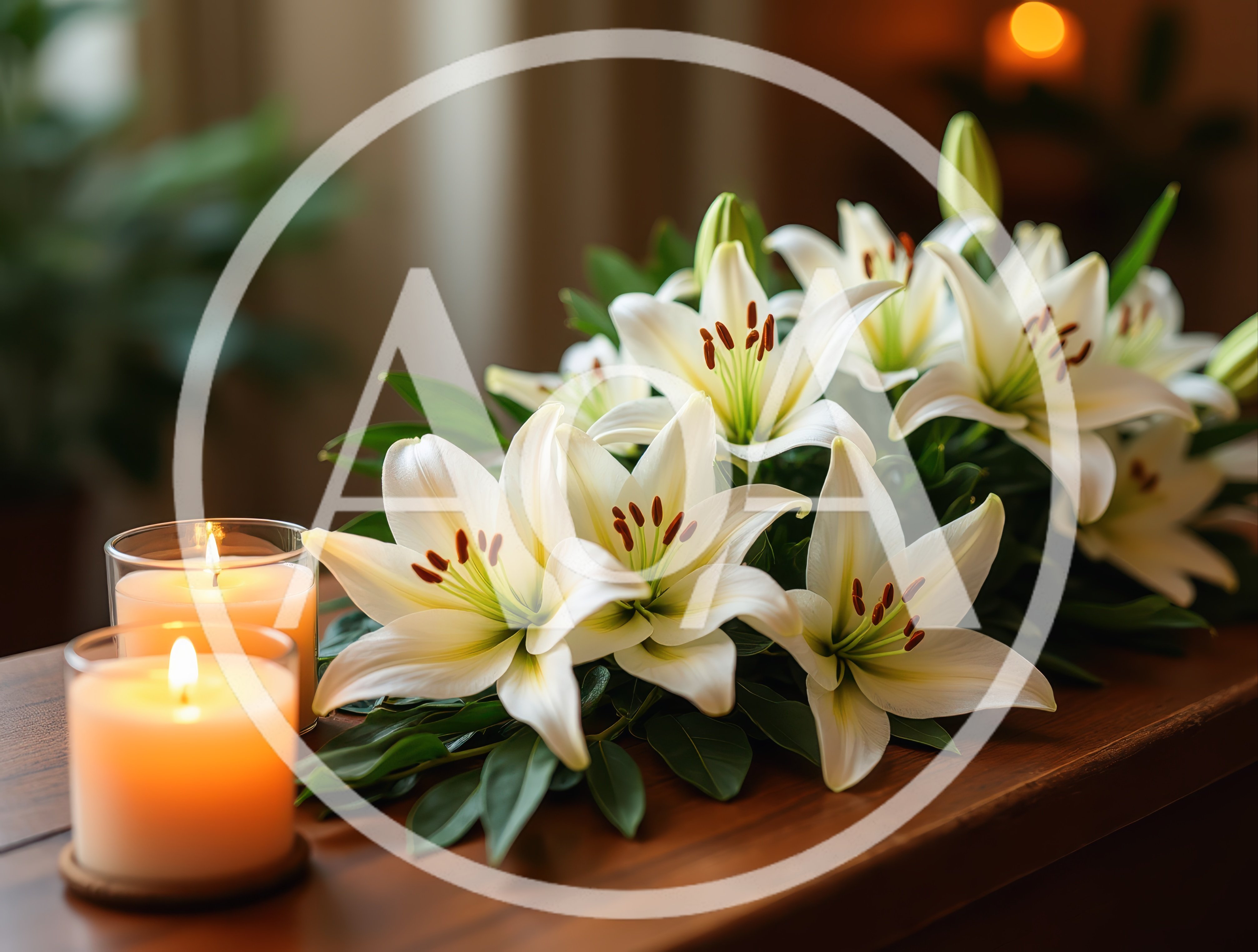 White Lily Flowers And Lit Candles On Wooden Table