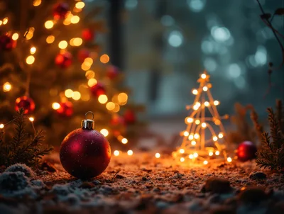 Red Christmas Ornament on Snowy Ground with Fairy Lights
