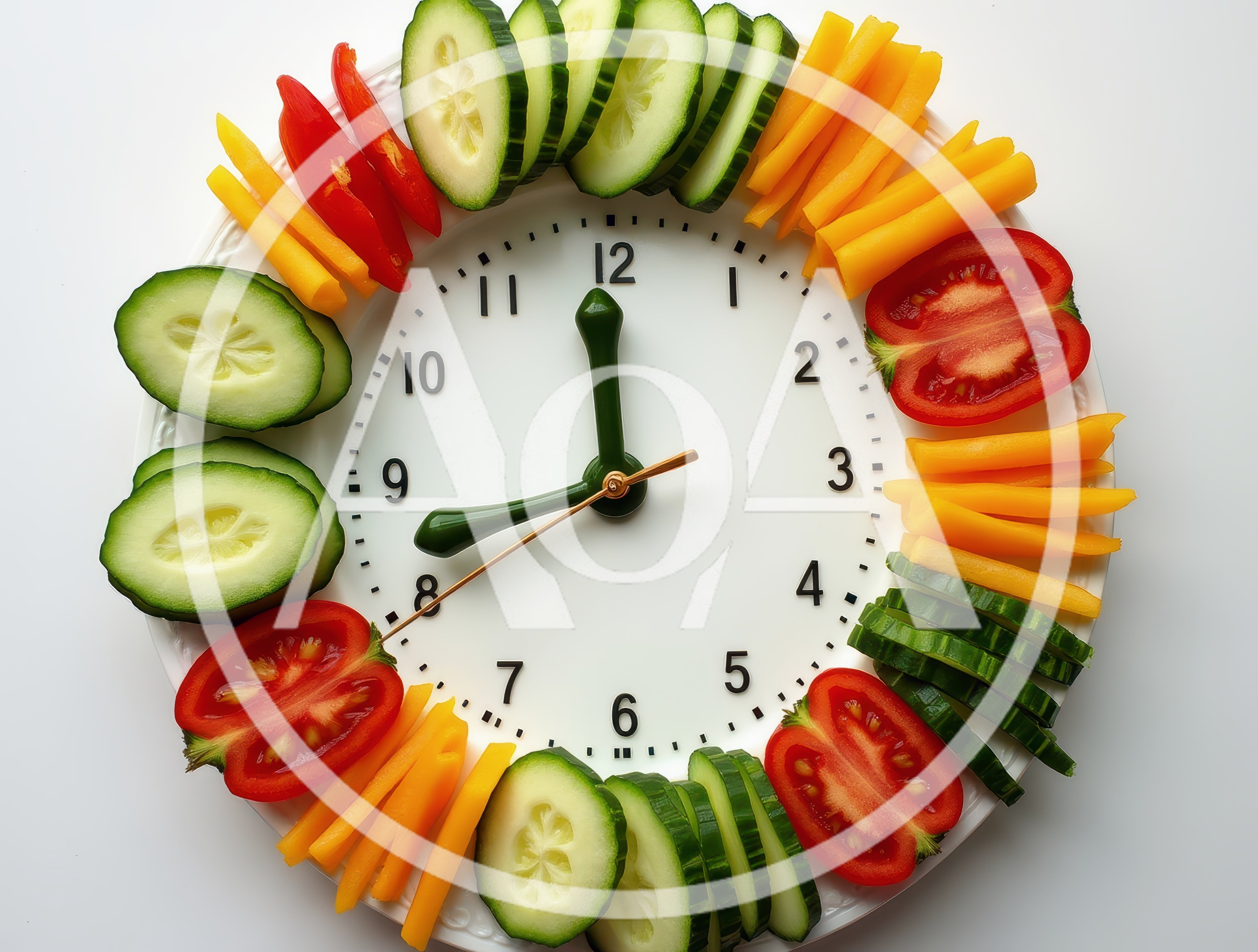 Clock Face Made Of Fresh Vegetables On White Plate