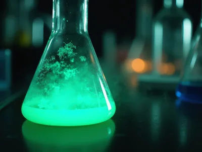 Glowing Green Chemical Reaction In Laboratory Flask