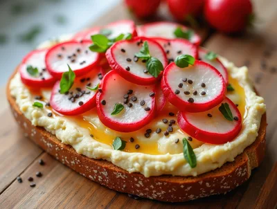 Radish and Hummus Toast on Wooden Board