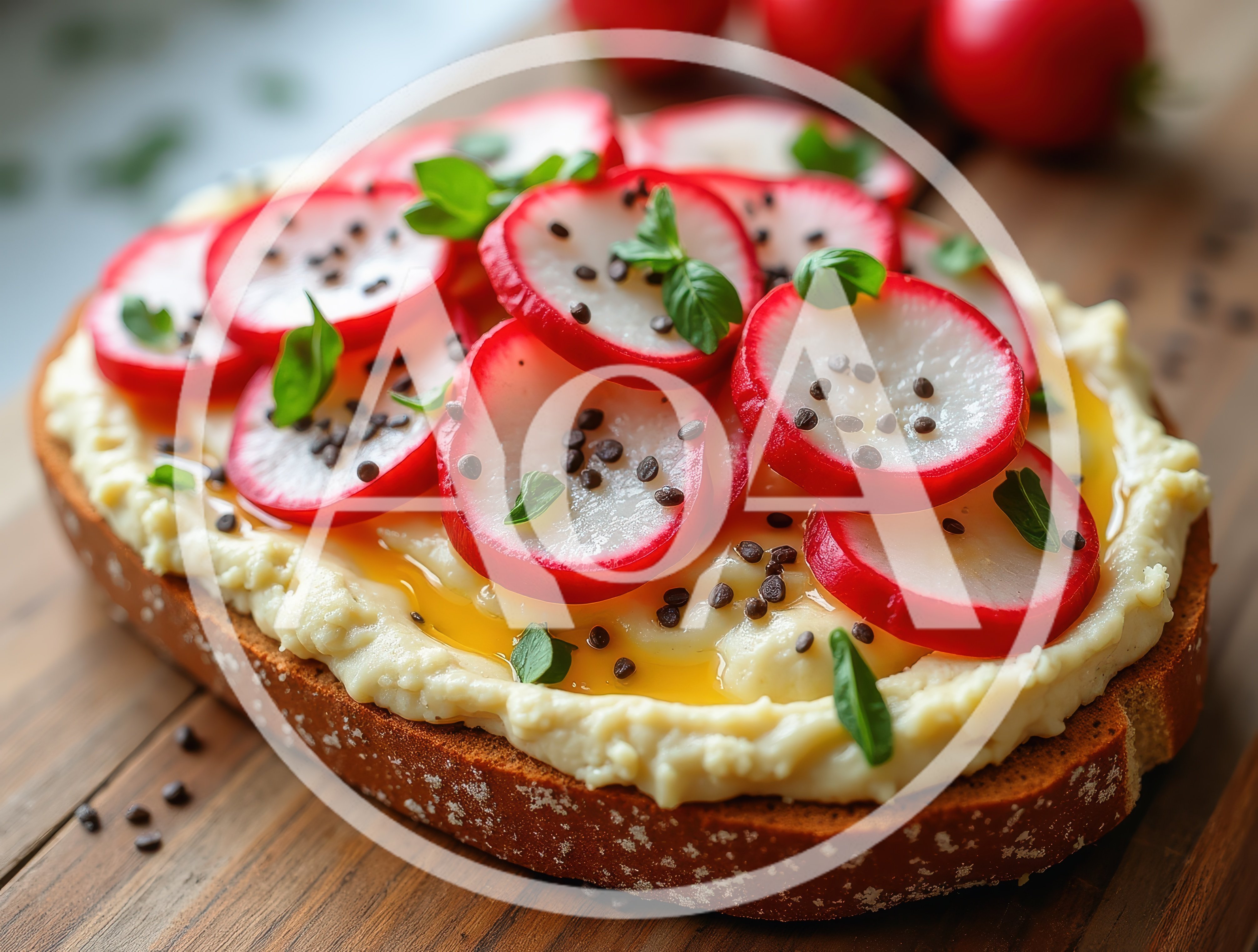 Radish and Hummus Toast on Wooden Board