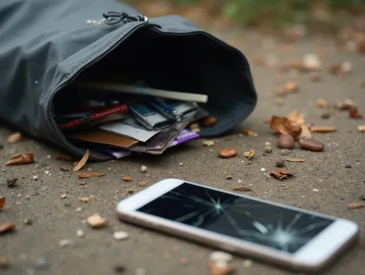 Broken Smartphone Lying Next To An Open Backpack