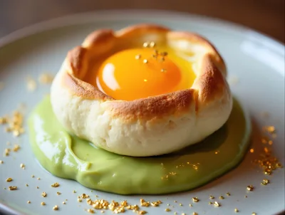 Gourmet Pastry With Egg Yolk And Green Sauce