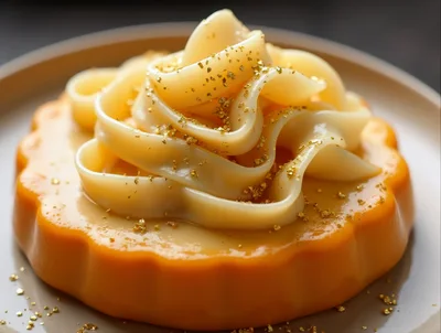 Gourmet Caramel Custard Dessert With Gold Leaf Garnish