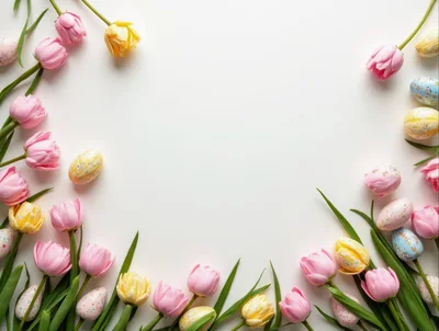 Easter Frame With Pink Tulips And Speckled Eggs