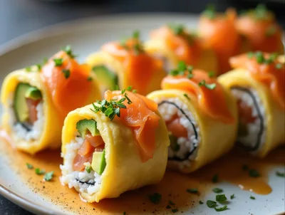 Fresh Salmon And Avocado Sushi Rolls On Plate