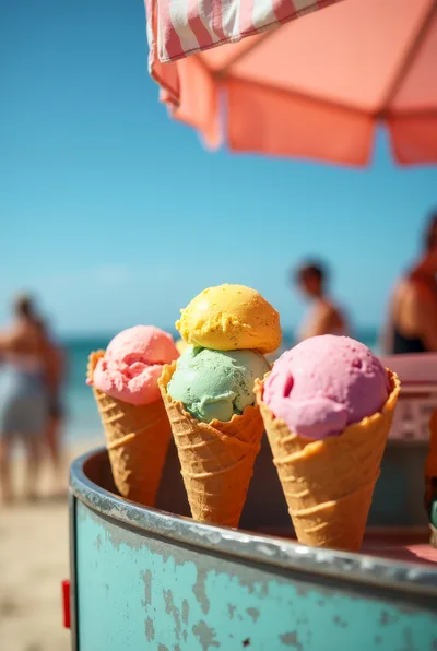 Three Ice Cream Cones On A Beach Cart