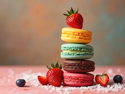 Stack of Colorful Macarons with Fresh Strawberries and Blueberries
