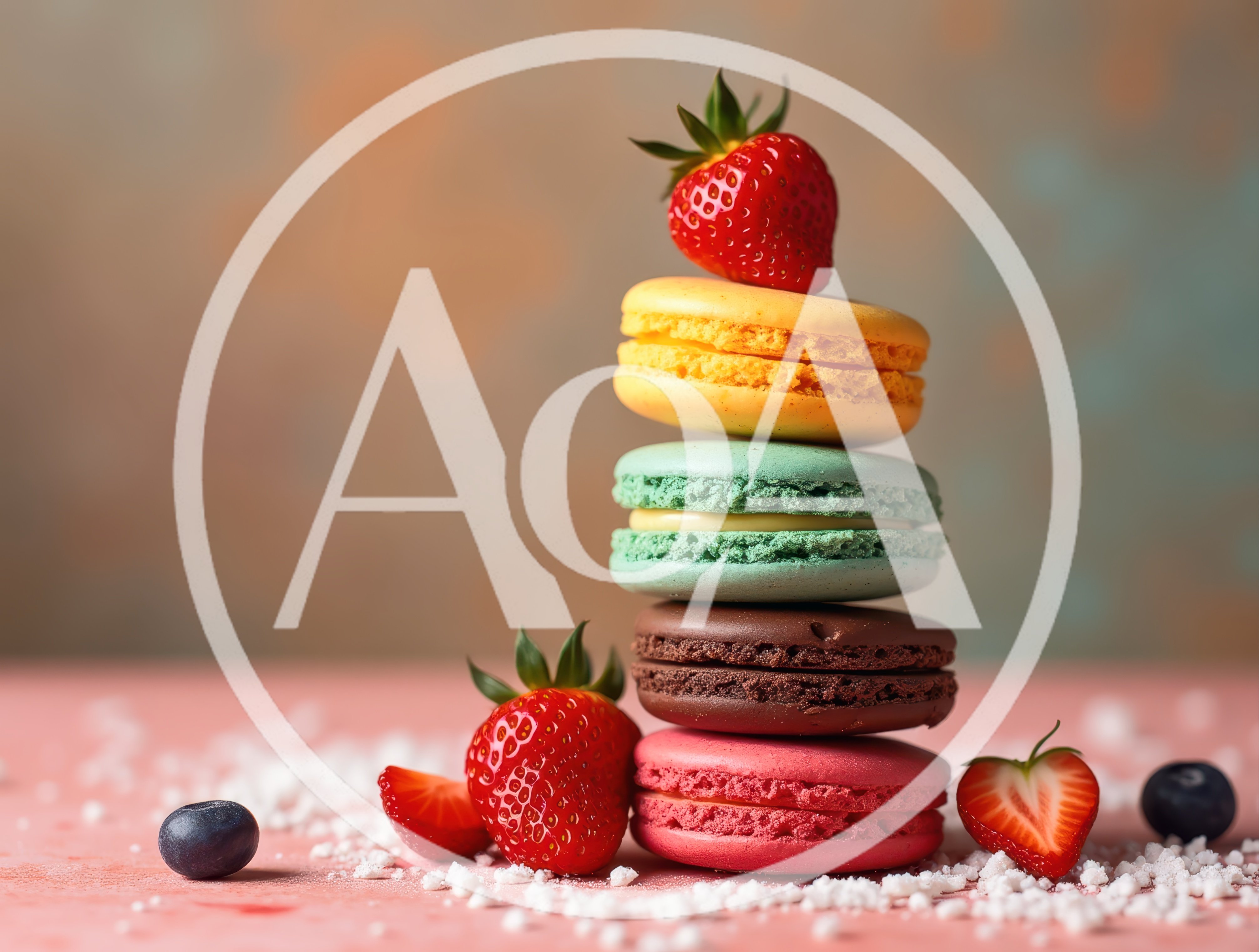 Stack of Colorful Macarons with Fresh Strawberries and Blueberries