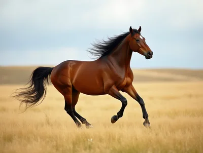 Bay Horse Galloping Through Open Grassland