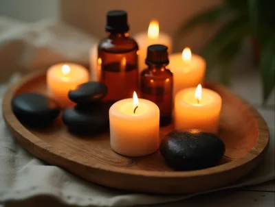 Spa Relaxation Setting With Candles And Essential Oils