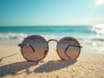 Round Designer Sunglasses Resting On Tropical Beach Sand