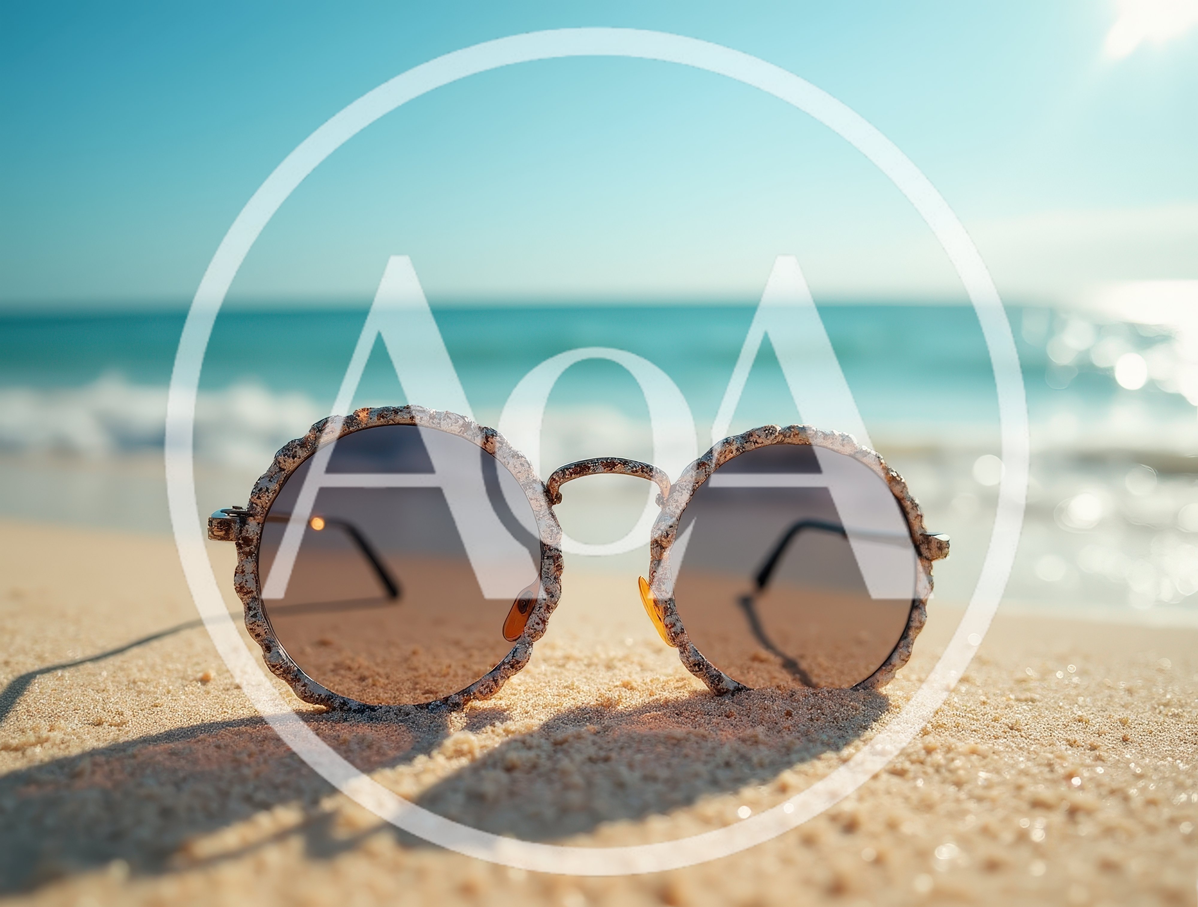 Round Designer Sunglasses Resting On Tropical Beach Sand