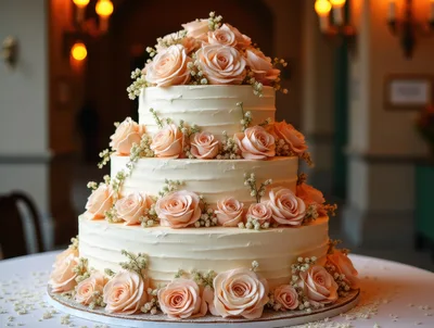 Three Tier Wedding Cake Decorated With Peach Roses
