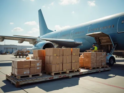 Ground Crew Loading Cargo Boxes Onto Airplane