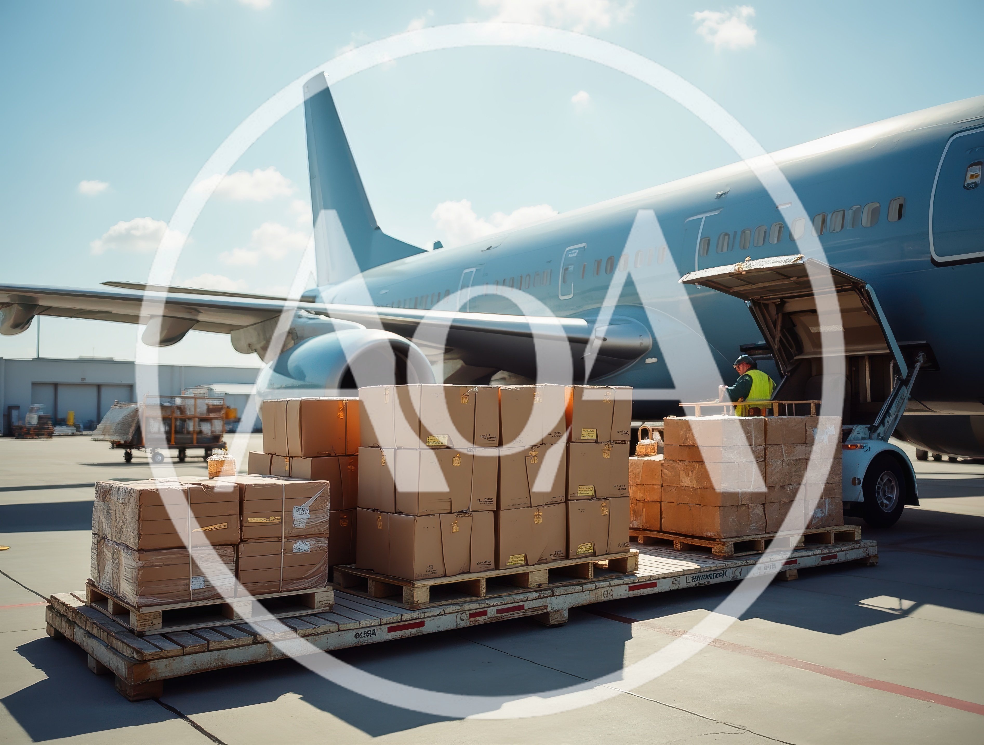 Ground Crew Loading Cargo Boxes Onto Airplane