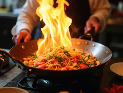 Chef Stir Frying Noodles In A Flaming Wok