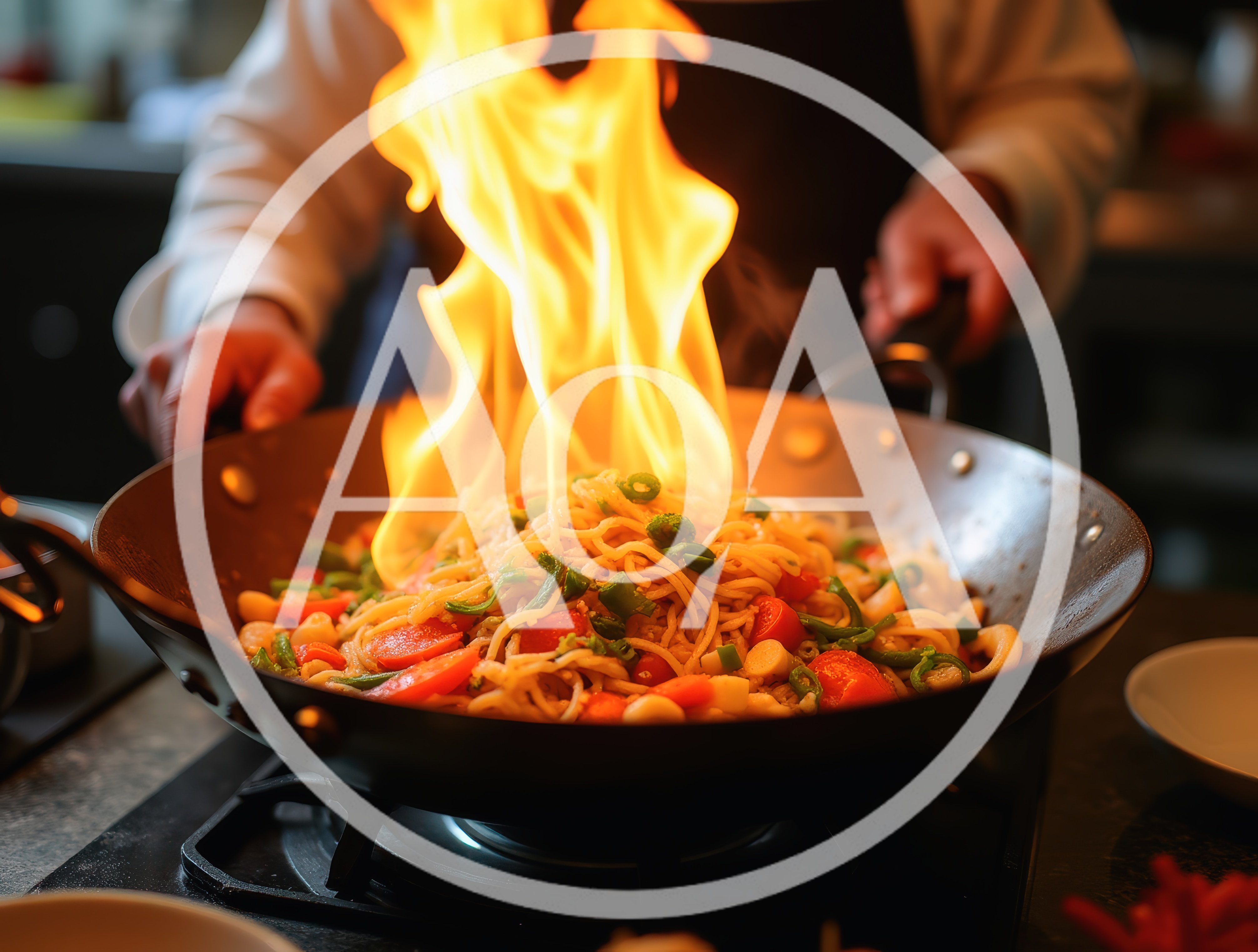 Chef Stir Frying Noodles In A Flaming Wok