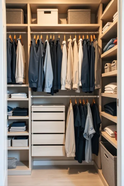 Organized Walk In Closet With Hanging Clothes And Shelves