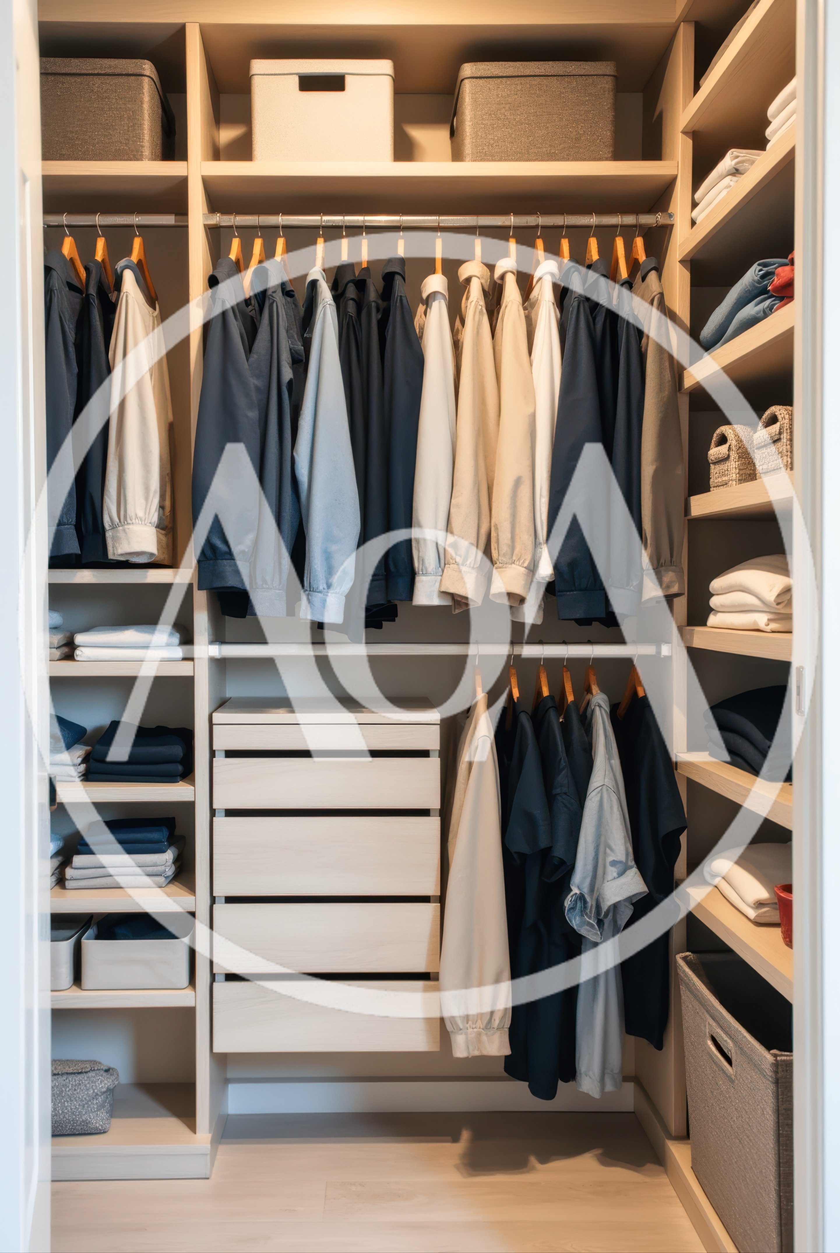 Organized Walk In Closet With Hanging Clothes And Shelves