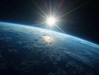 Earth Horizon View From Space With Sun Flare