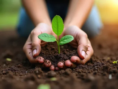 Hands Cupping A Small Green Seedling In Soil