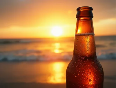 Cold Beer Bottle On Beach At Sunset